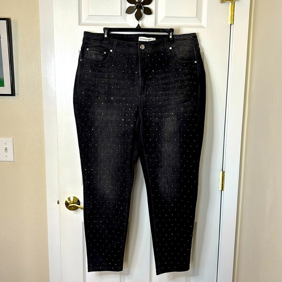 Rebecca Minkoff Jeans Women 18W Crystal Embellished Straight Stretch Faded Black - Picture 1 of 13